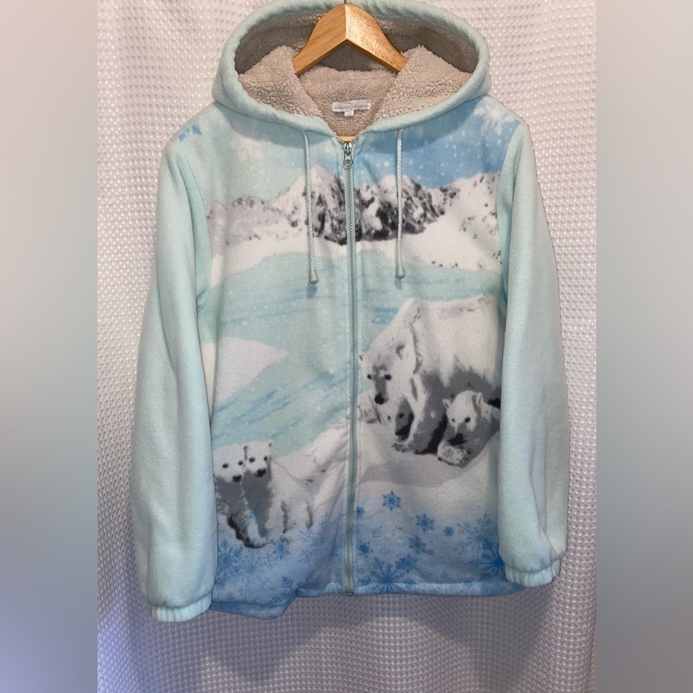 Vintage hooded full zip mint and blue fleece Jacket with polar bears S/M